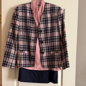 Pendleton Pink Navy Plaid Blazer, Blouse And Navy Skirt